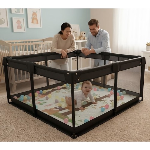 Παιδικό Παρκοκρέβατο Μωρού σε μαύρο χρώμα με διάσταση 150x150cm με χαλάκι και 100 μπαλάκια