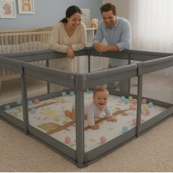 Παιδικό Παρκοκρέβατο Μωρού σε σκούρο γκρι χρώμα με διάσταση 150x150cm με χαλάκι και 100 μπαλάκια