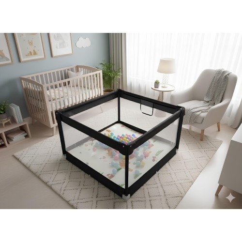 Παιδικό Παρκοκρέβατο Μωρού σε μαύρο χρώμα με διάσταση 120x120cm με χαλάκι και 100 μπαλάκια