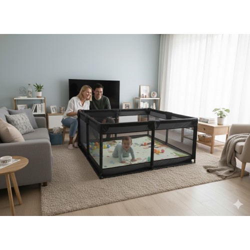 Παιδικό Παρκοκρέβατο Μωρού σε μαύρο χρώμα με διάσταση 150x150cm με χαλάκι και 100 μπαλάκια